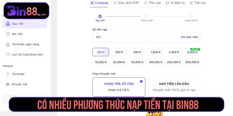 Các phương thức nạp tiền BIN88 thường dùng